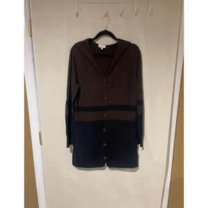 NWOT Women's Project Brown Navy Blue Striped Hooded Button-Front Long Cardigan M